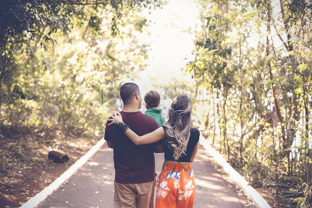 Photo of a family walking away from the camera through a park